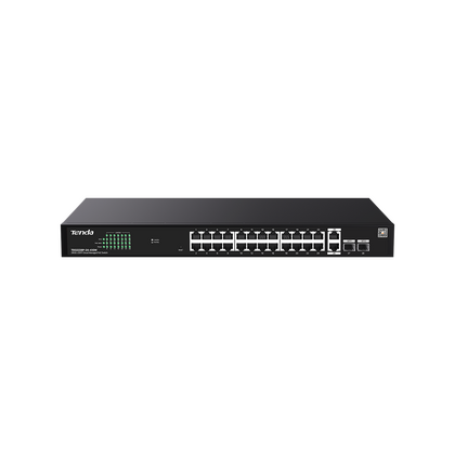 Неуправляемый POE-коммутатор 28 портов Tenda TEG2228P-24-410W ( 26x1Гбит/ с, 2xSFP, 24xPOE, PoE‑бюджет 370 Вт) корпус - металл