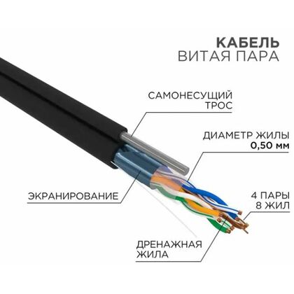 Кабель Cu FTP, Внешний на тросу, 4x2x0.50, бухта 305м., Cat5e, Rexant (01-0144)