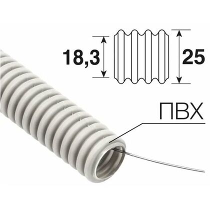 Труба гофрированная из ПВХ, с зондом, Ø25мм, бухта 25 м., Rexant (28-0251-25)
