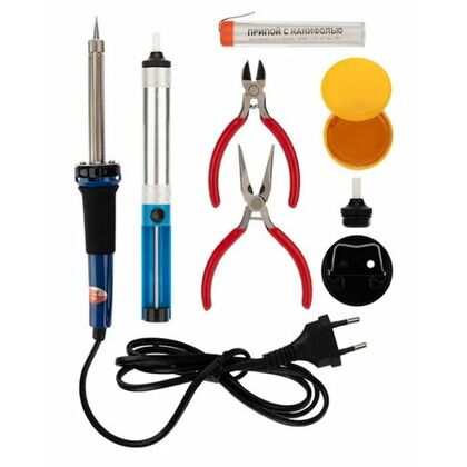 Набор для пайки №13 (паяльник 30Вт, подставка, канифоль, припой, бокорезы, тонкогубцы) Rexant (12-0166)