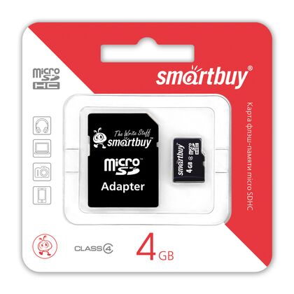 Карта памяти microSDHC 4GB Class4 + адаптер Smartbuy (SB4GBSDCL4-01)